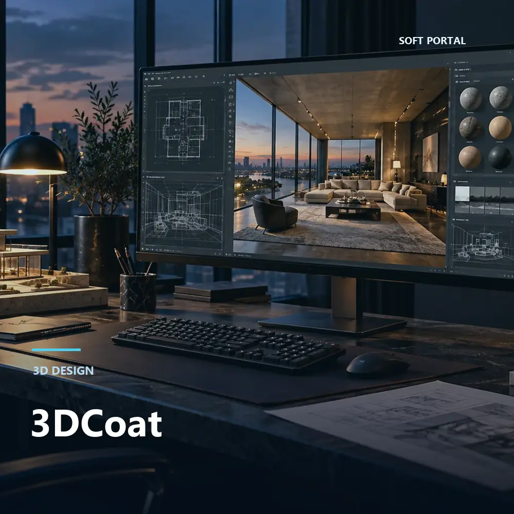 Editorial artwork for 3DCoat in a Windows workspace