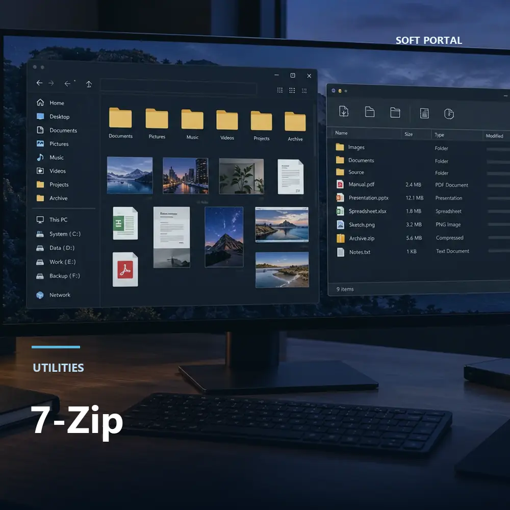 Editorial artwork for 7-Zip in a Windows workspace