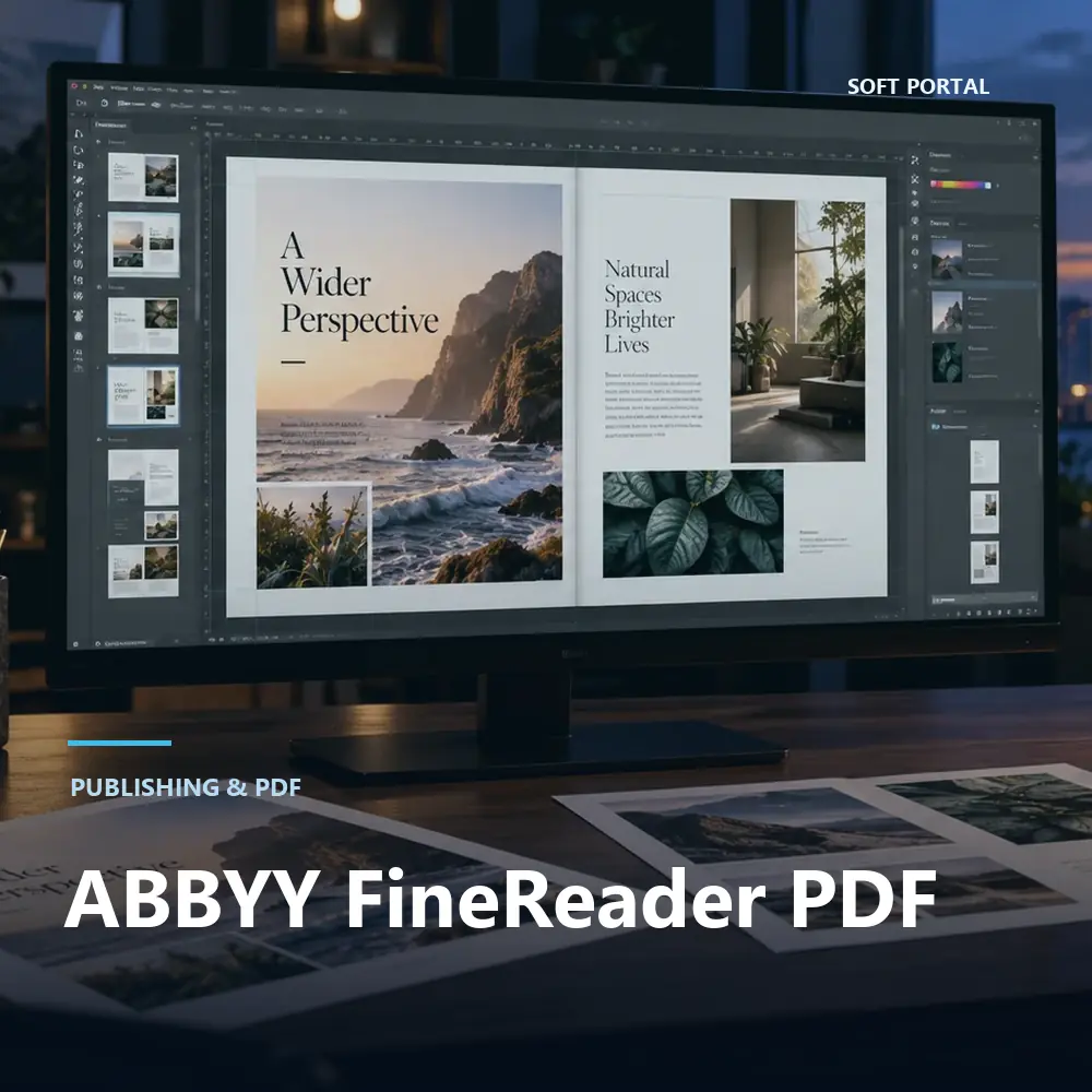 Editorial artwork for ABBYY FineReader PDF in a Windows workspace
