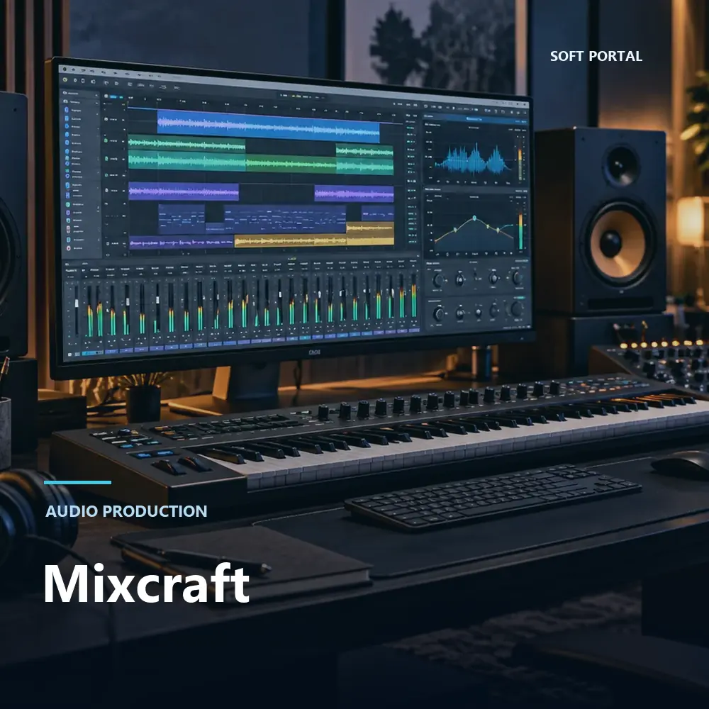 Editorial artwork for Mixcraft in a Windows workspace