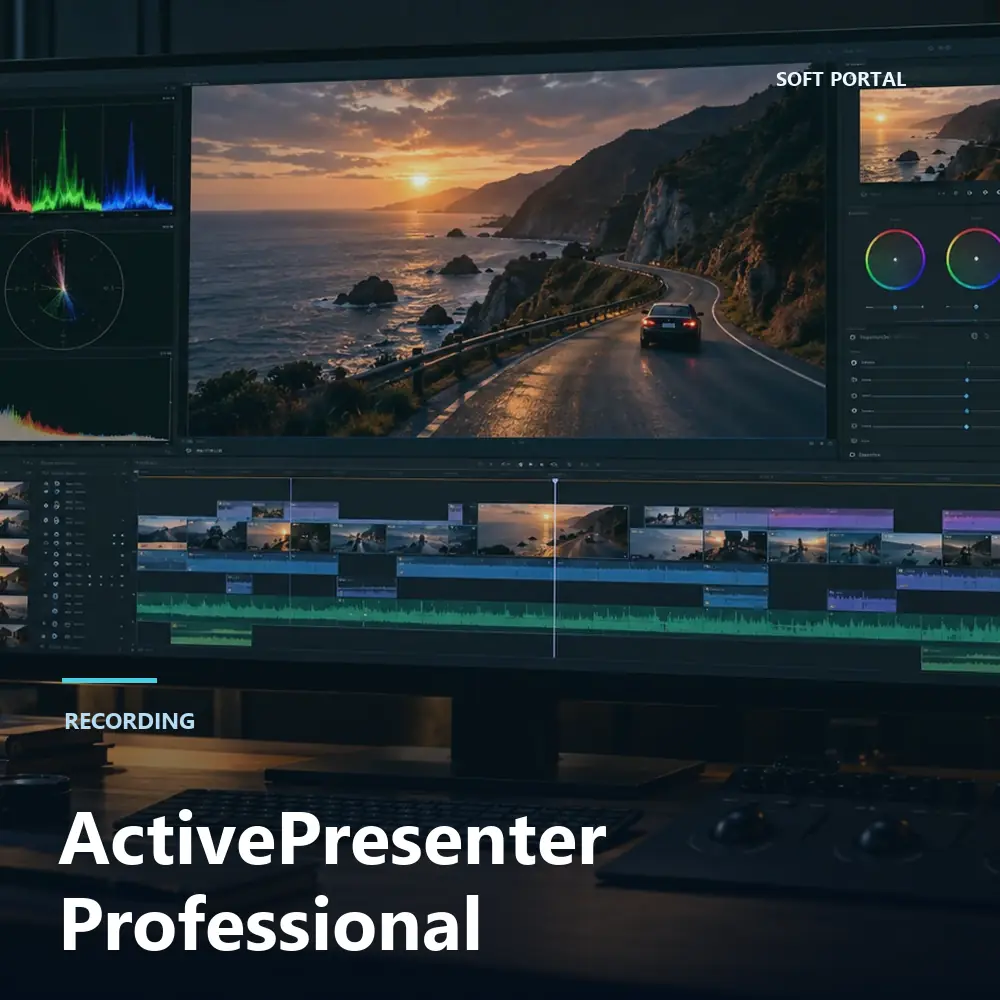 Editorial artwork for ActivePresenter Professional in a Windows workspace