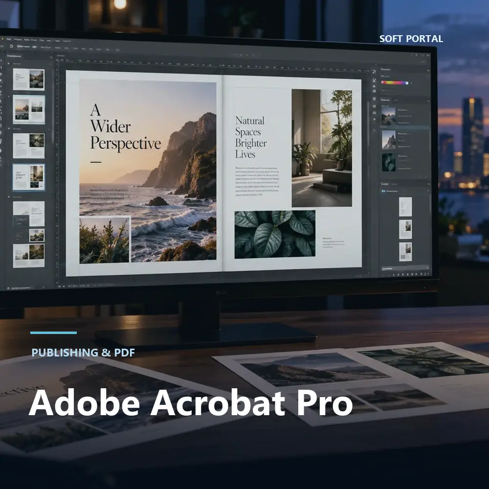 Editorial artwork for Adobe Acrobat Pro in a Windows workspace