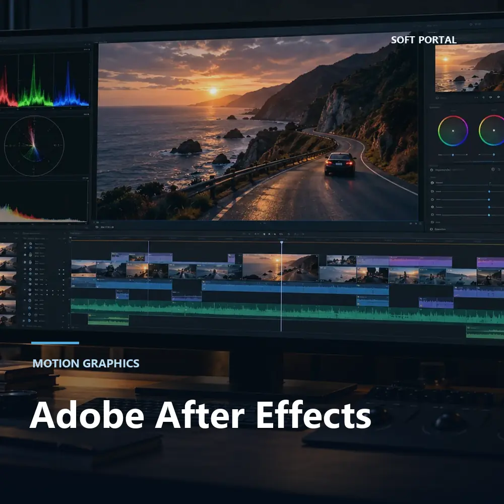 Editorial artwork for Adobe After Effects in a Windows workspace