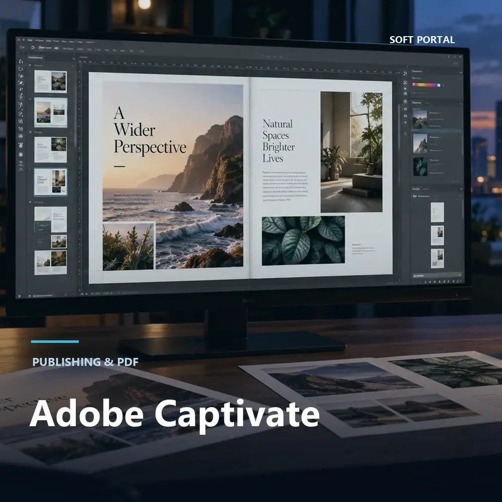 Editorial artwork for Adobe Captivate in a Windows workspace