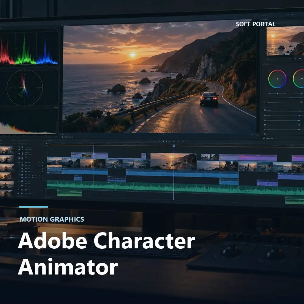 Editorial artwork for Adobe Character Animator in a Windows workspace