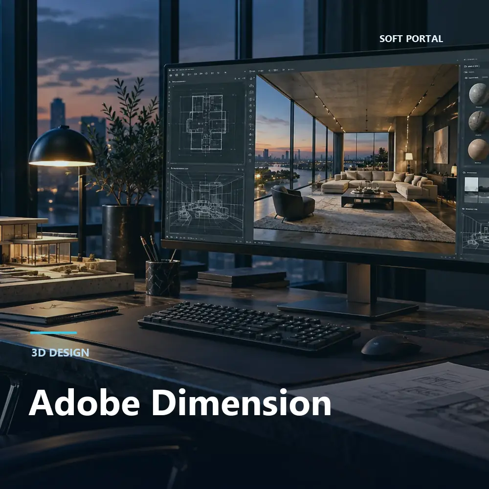 Editorial artwork for Adobe Dimension in a Windows workspace
