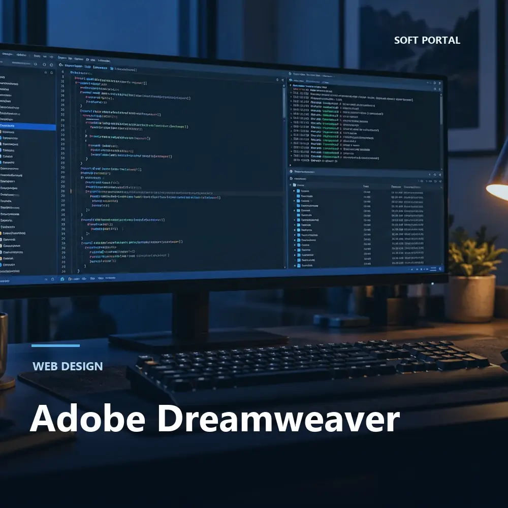 Editorial artwork for Adobe Dreamweaver in a Windows workspace