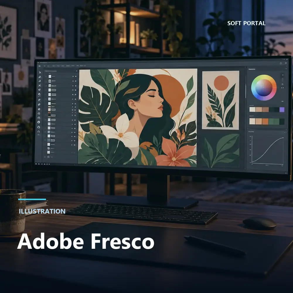 Editorial artwork for Adobe Fresco in a Windows workspace