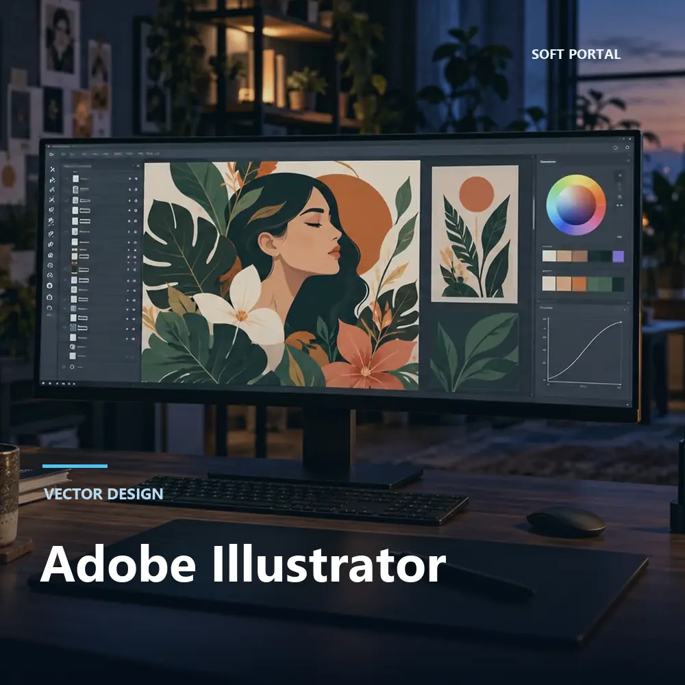 Editorial artwork for Adobe Illustrator in a Windows workspace