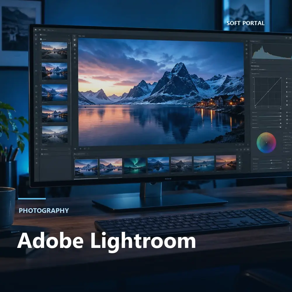 Editorial artwork for Adobe Lightroom in a Windows workspace