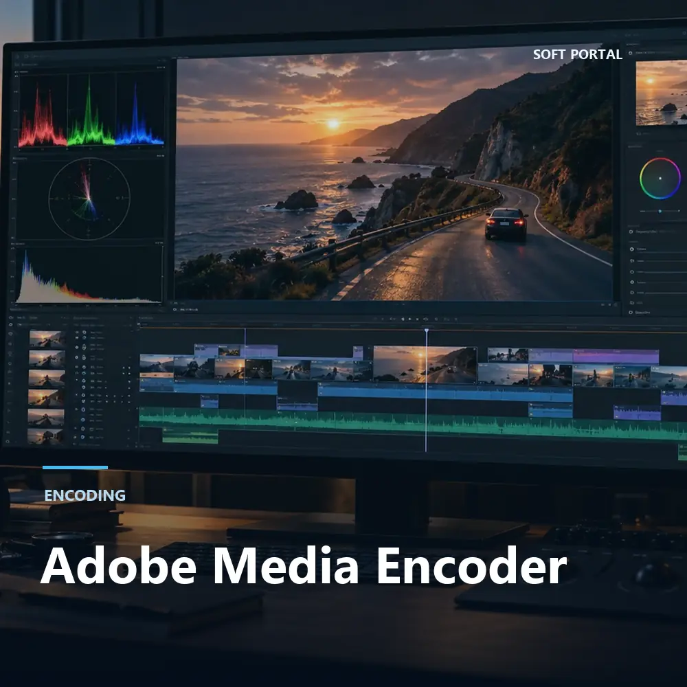 Editorial artwork for Adobe Media Encoder in a Windows workspace