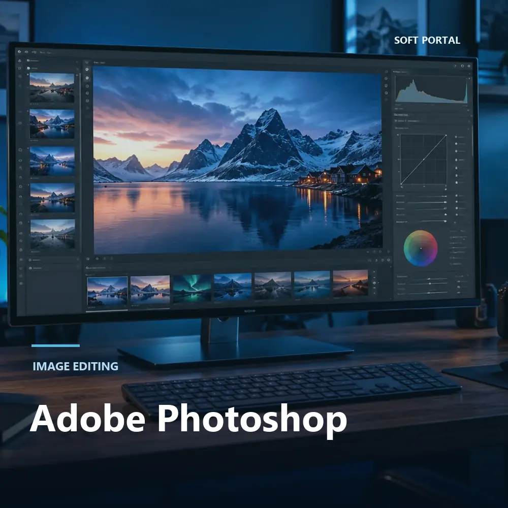 Editorial artwork for Adobe Photoshop on a Windows workstation