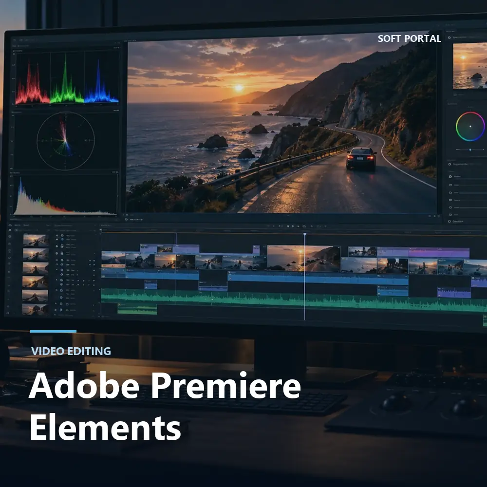 Editorial artwork for Adobe Premiere Elements in a Windows workspace