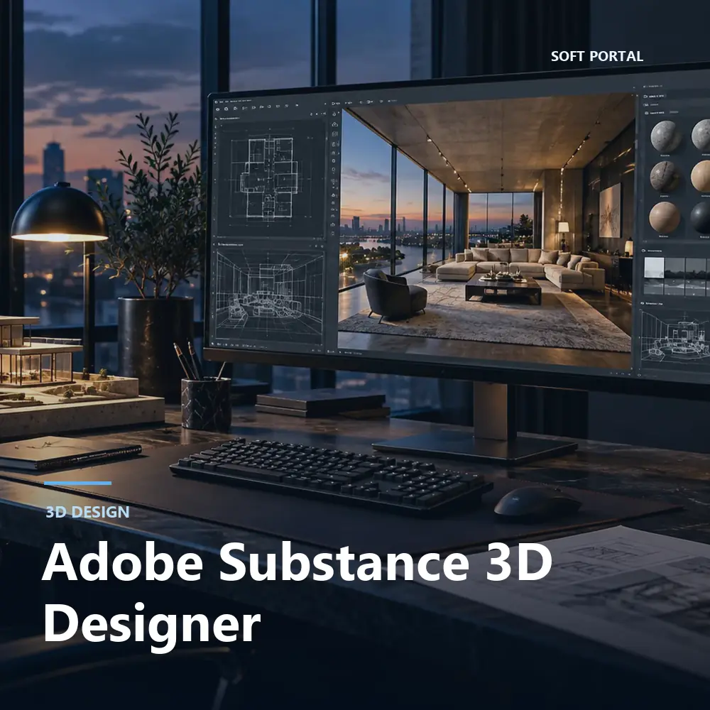 Editorial artwork for Adobe Substance 3D Designer in a Windows workspace