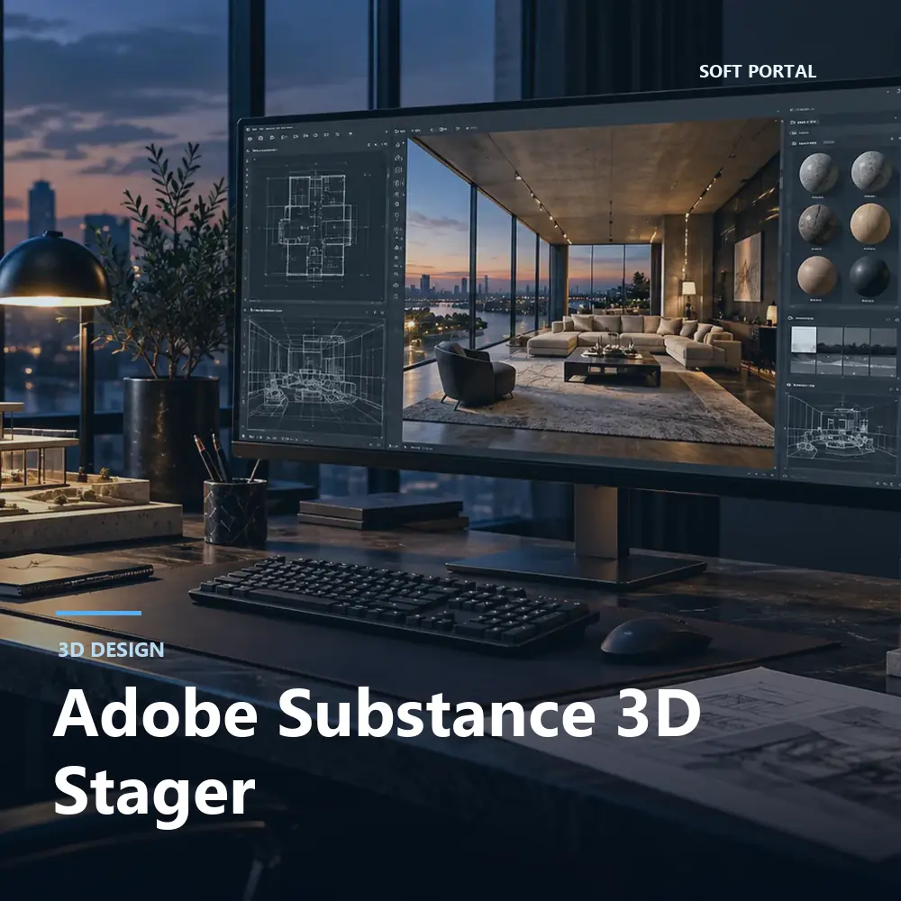 Editorial artwork for Adobe Substance 3D Stager in a Windows workspace