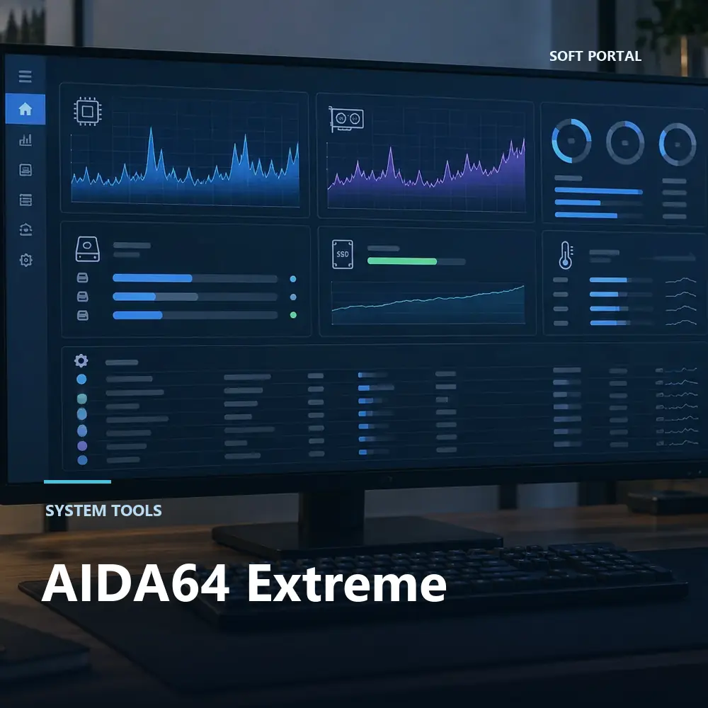 Editorial artwork for AIDA64 Extreme in a Windows workspace