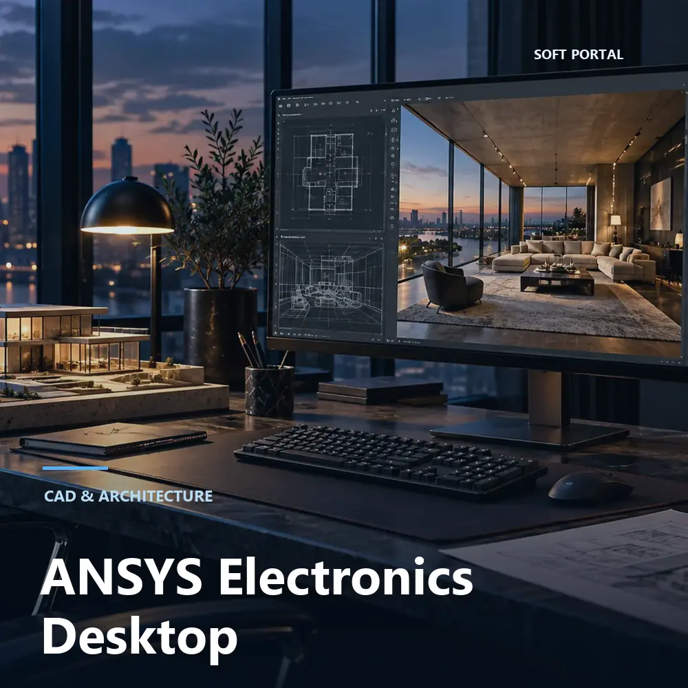 Editorial artwork for ANSYS Electronics Desktop in a Windows workspace