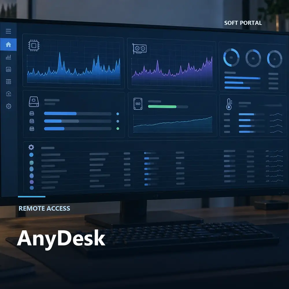 Editorial artwork for AnyDesk in a Windows workspace