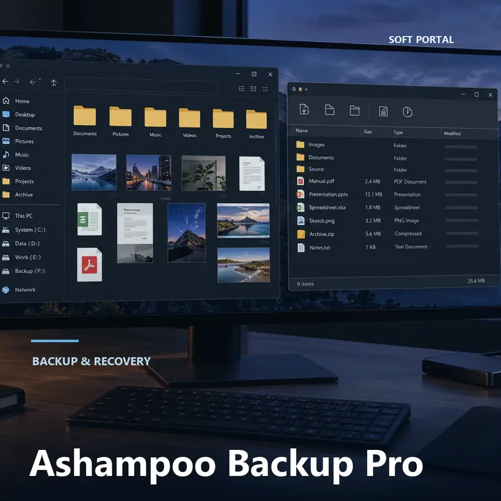 Editorial artwork for Ashampoo Backup Pro in a Windows workspace