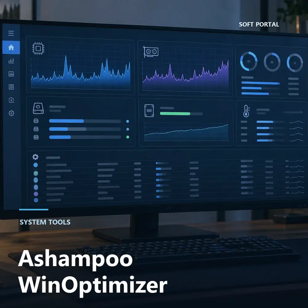 Editorial artwork for Ashampoo WinOptimizer in a Windows workspace