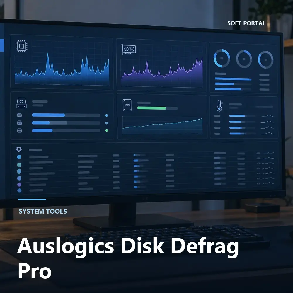 Editorial artwork for Auslogics Disk Defrag Pro in a Windows workspace