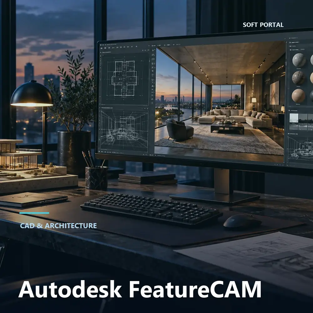 Editorial artwork for Autodesk FeatureCAM in a Windows workspace