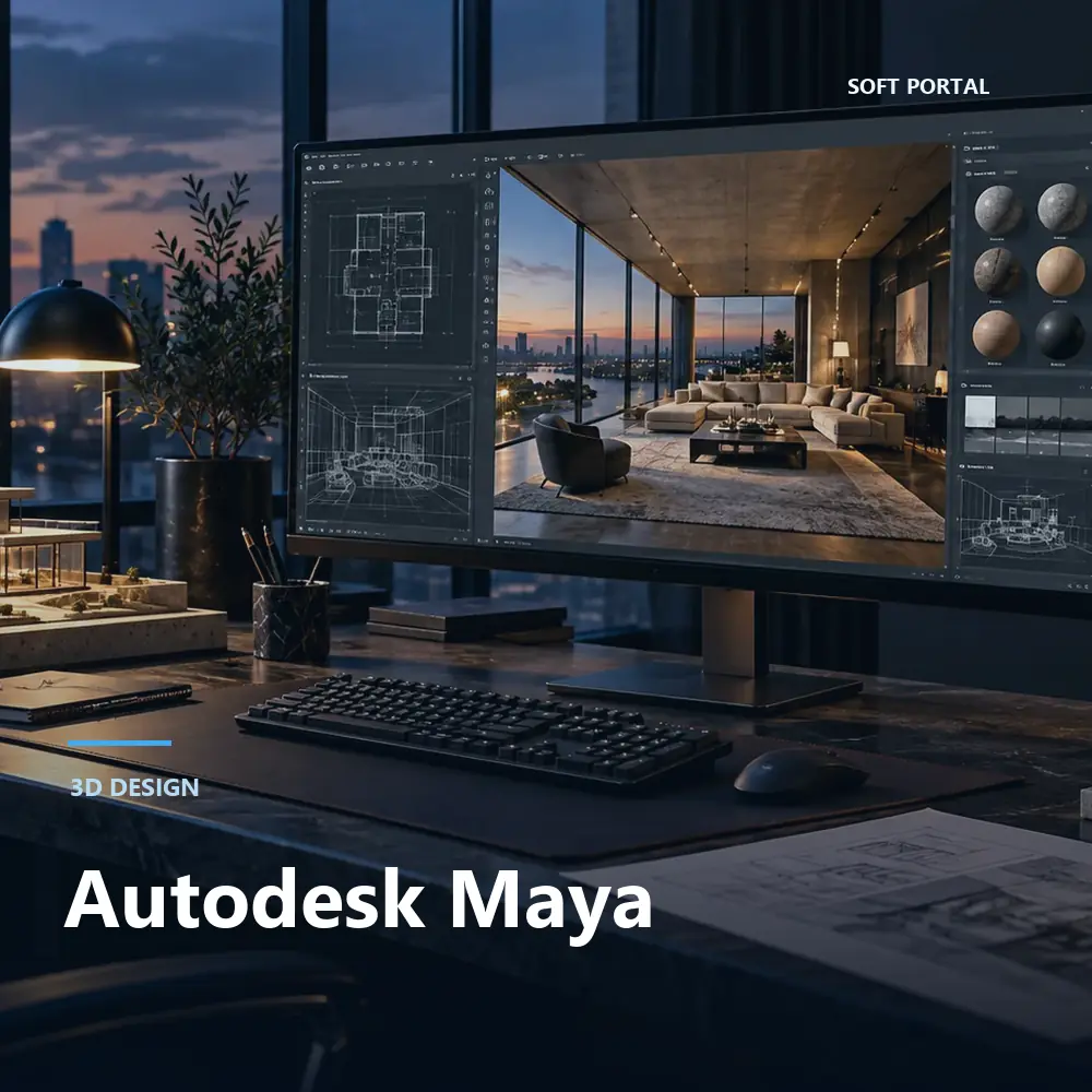 Editorial artwork for Autodesk Maya in a Windows workspace
