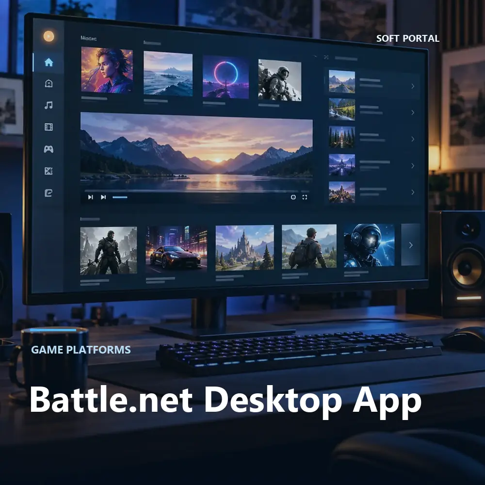 Editorial artwork for Battle.net Desktop App in a Windows workspace