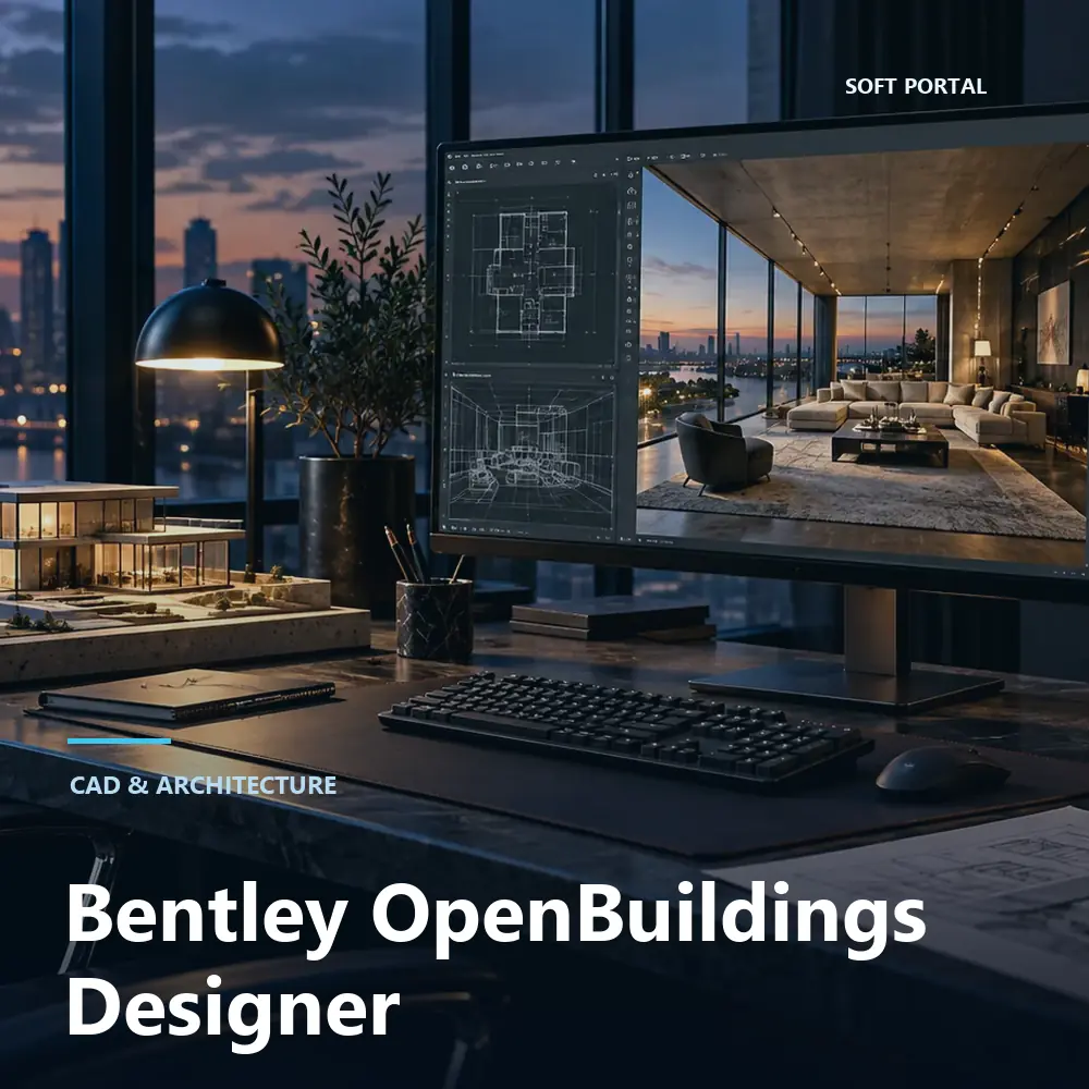 Editorial artwork for Bentley OpenBuildings Designer in a Windows workspace