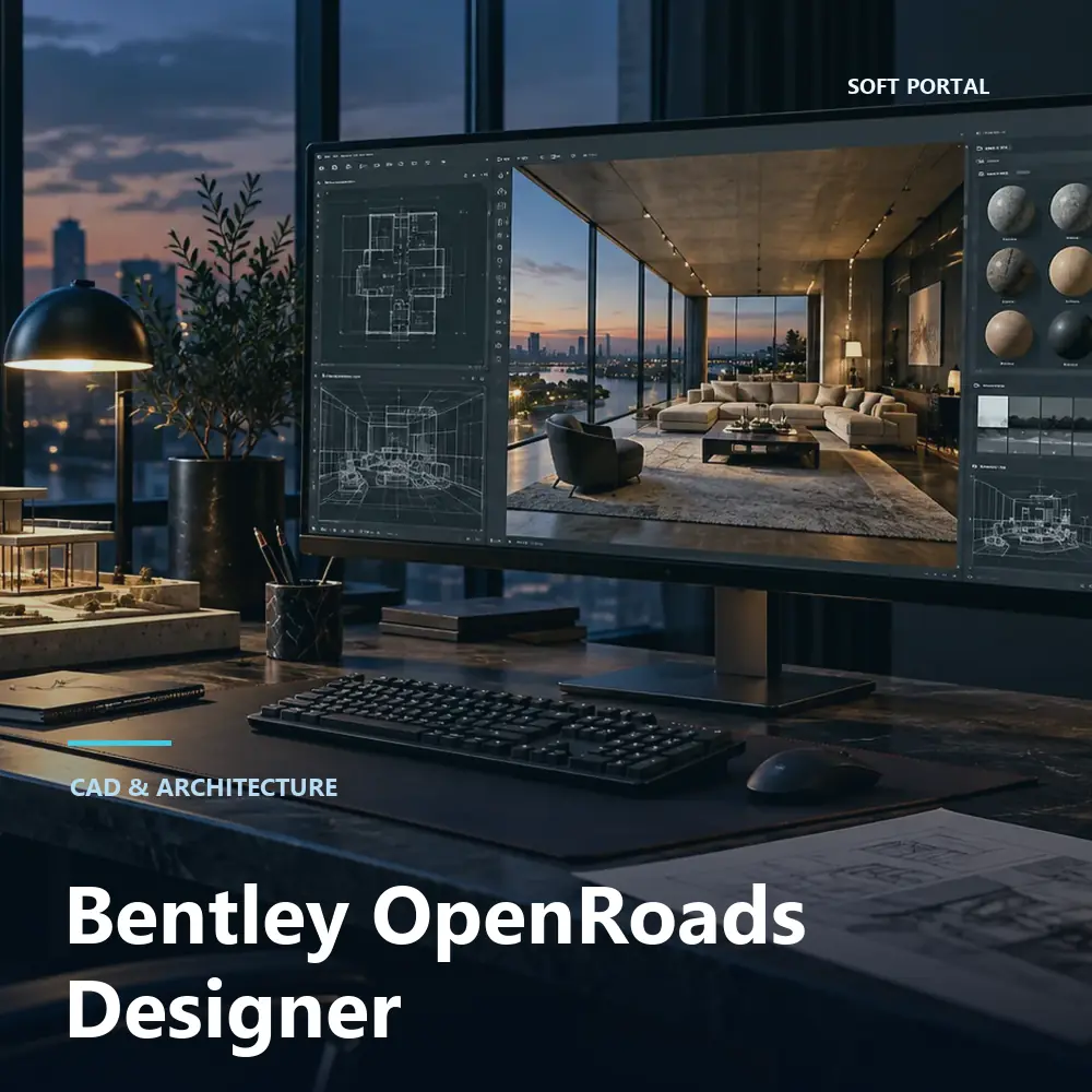 Editorial artwork for Bentley OpenRoads Designer in a Windows workspace