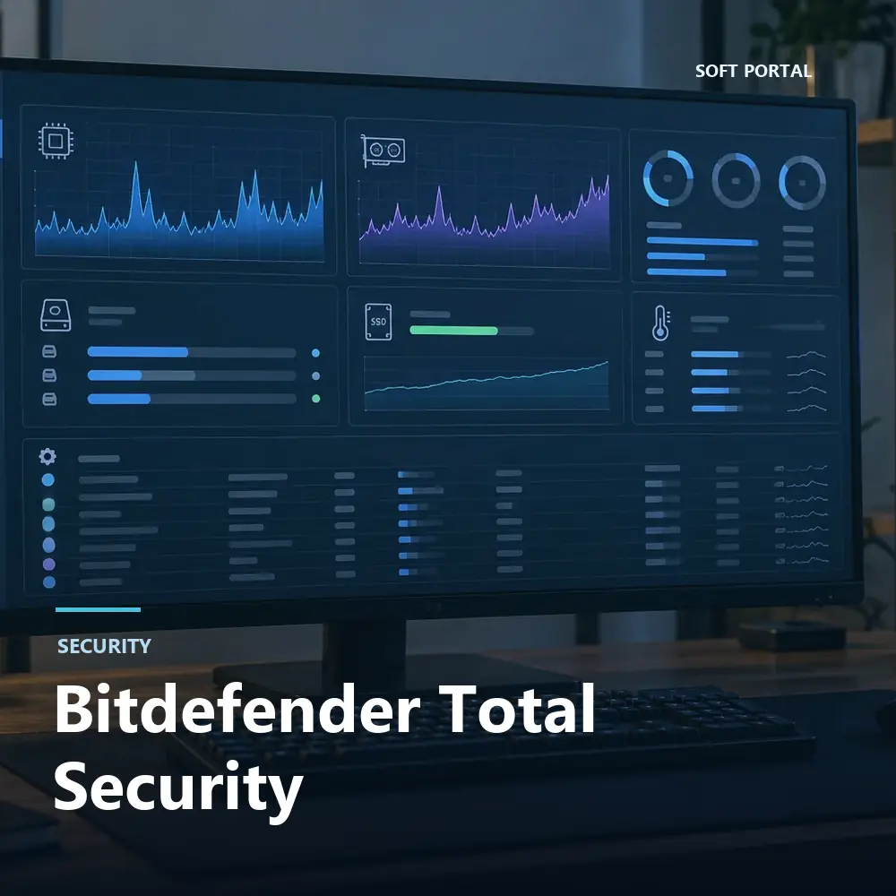 Editorial artwork for Bitdefender Total Security in a Windows workspace