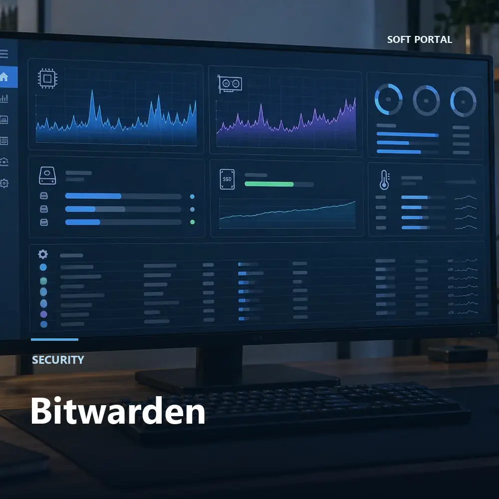 Editorial artwork for Bitwarden in a Windows workspace