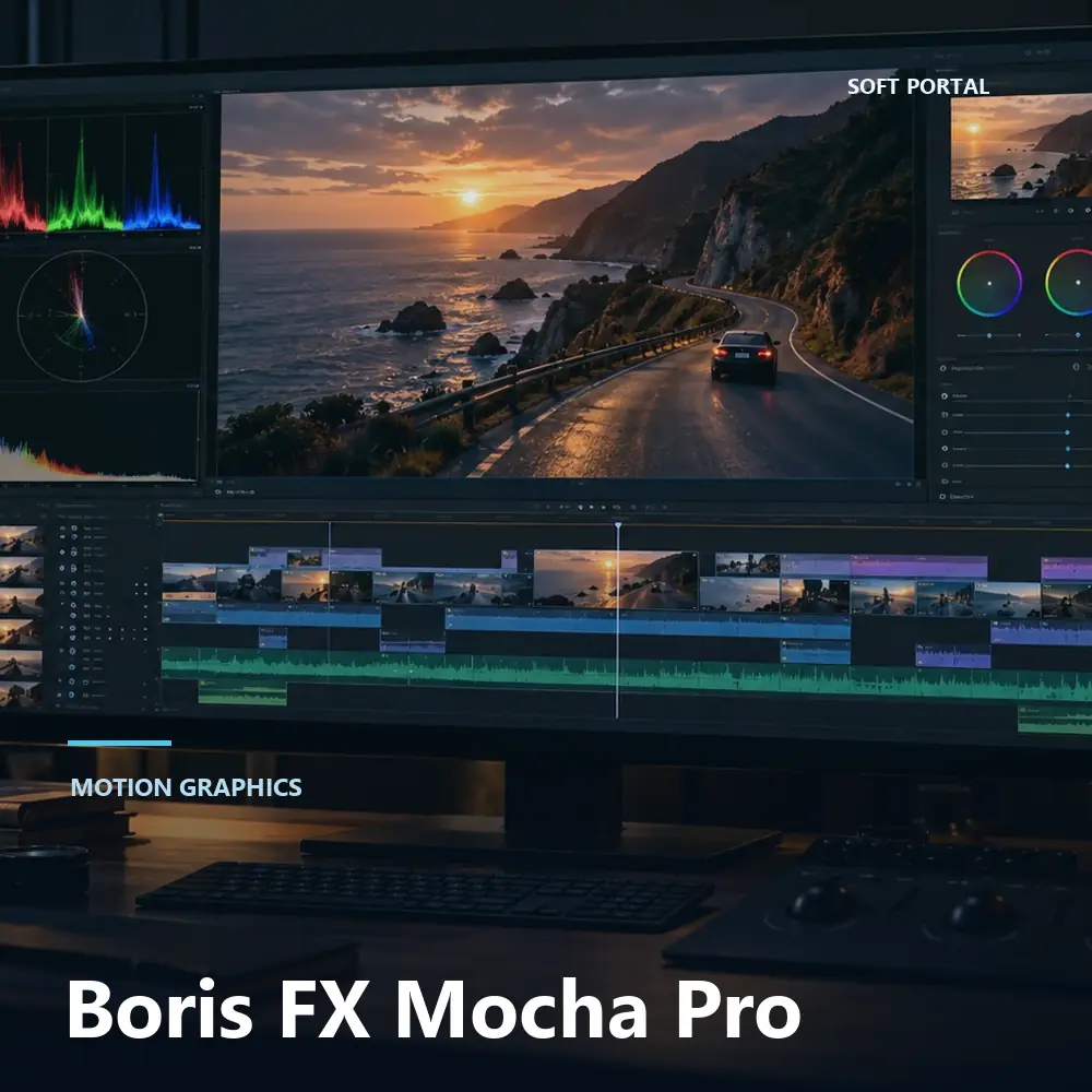 Editorial artwork for Boris FX Mocha Pro in a Windows workspace