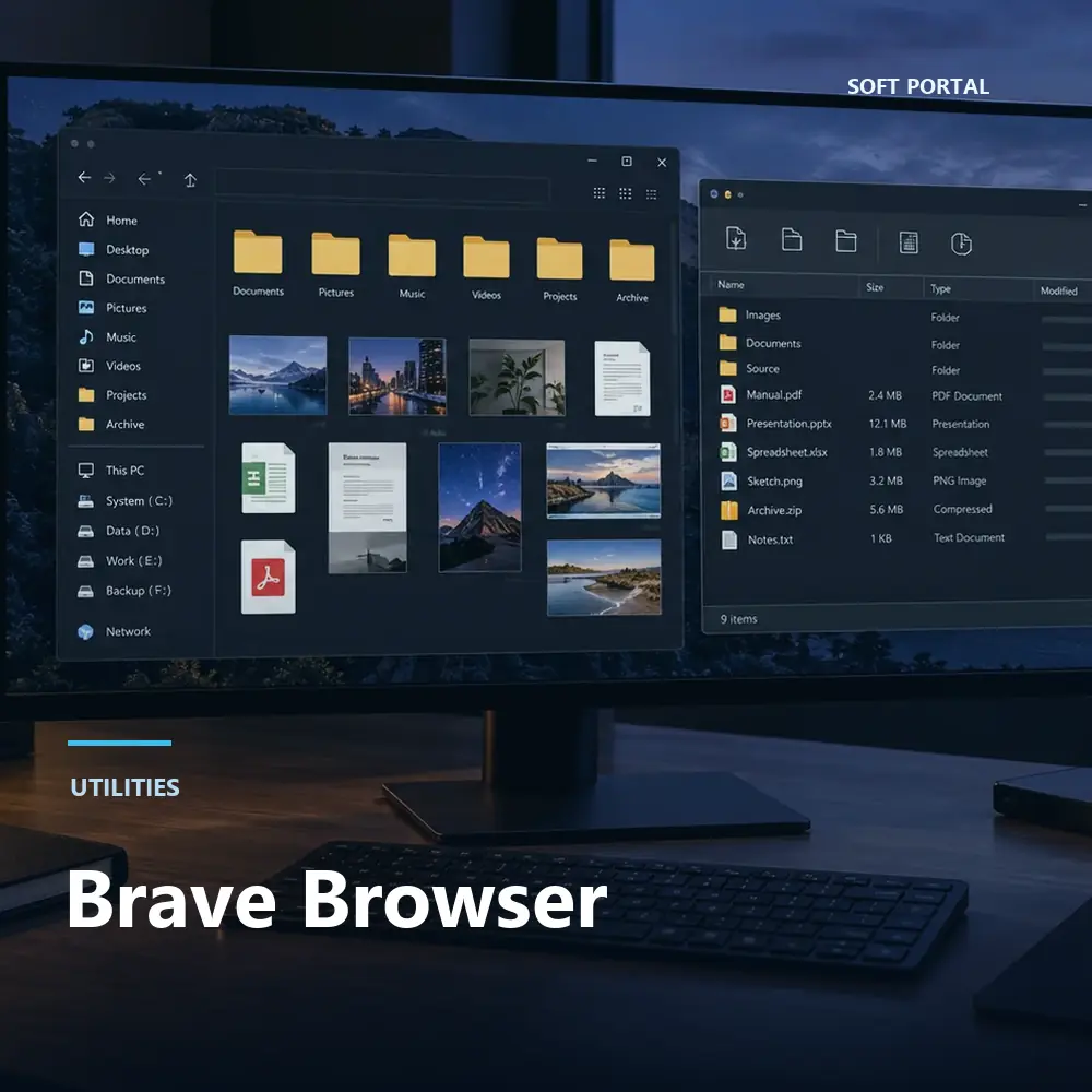 Editorial artwork for Brave Browser in a Windows workspace