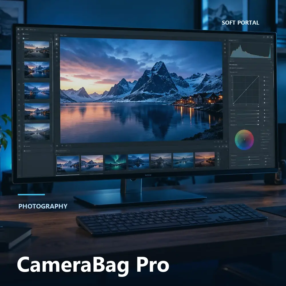 Editorial artwork for CameraBag Pro in a Windows workspace