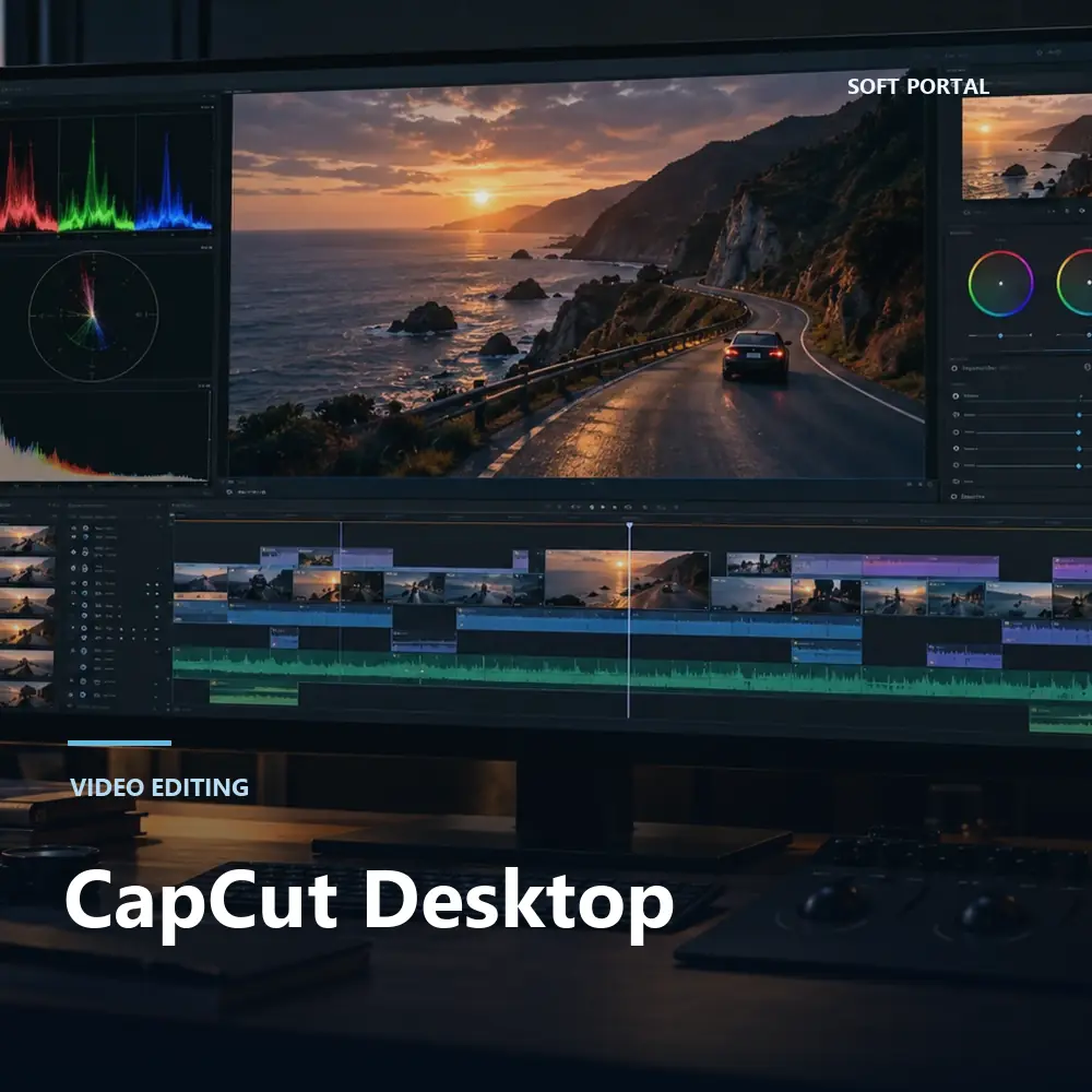 Editorial artwork for CapCut Desktop in a Windows workspace