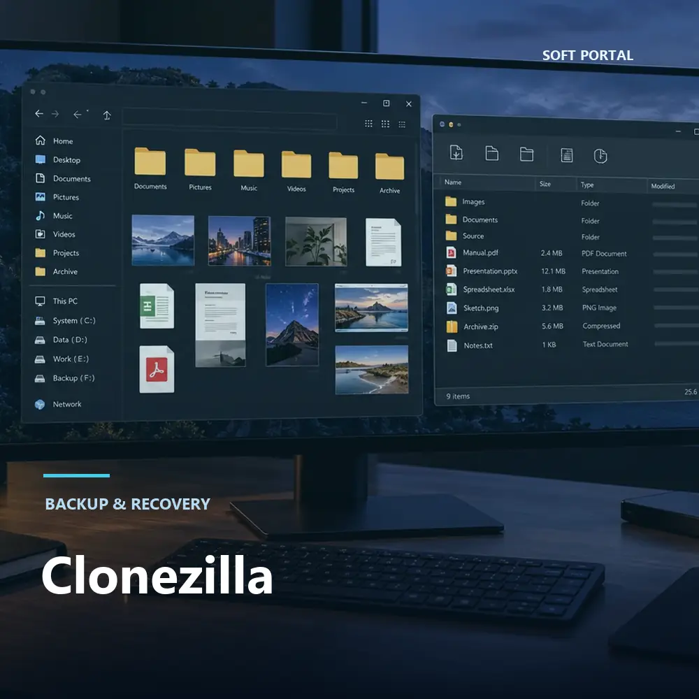 Editorial artwork for Clonezilla in a Windows workspace