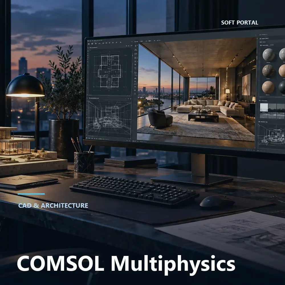 Editorial artwork for COMSOL Multiphysics in a Windows workspace