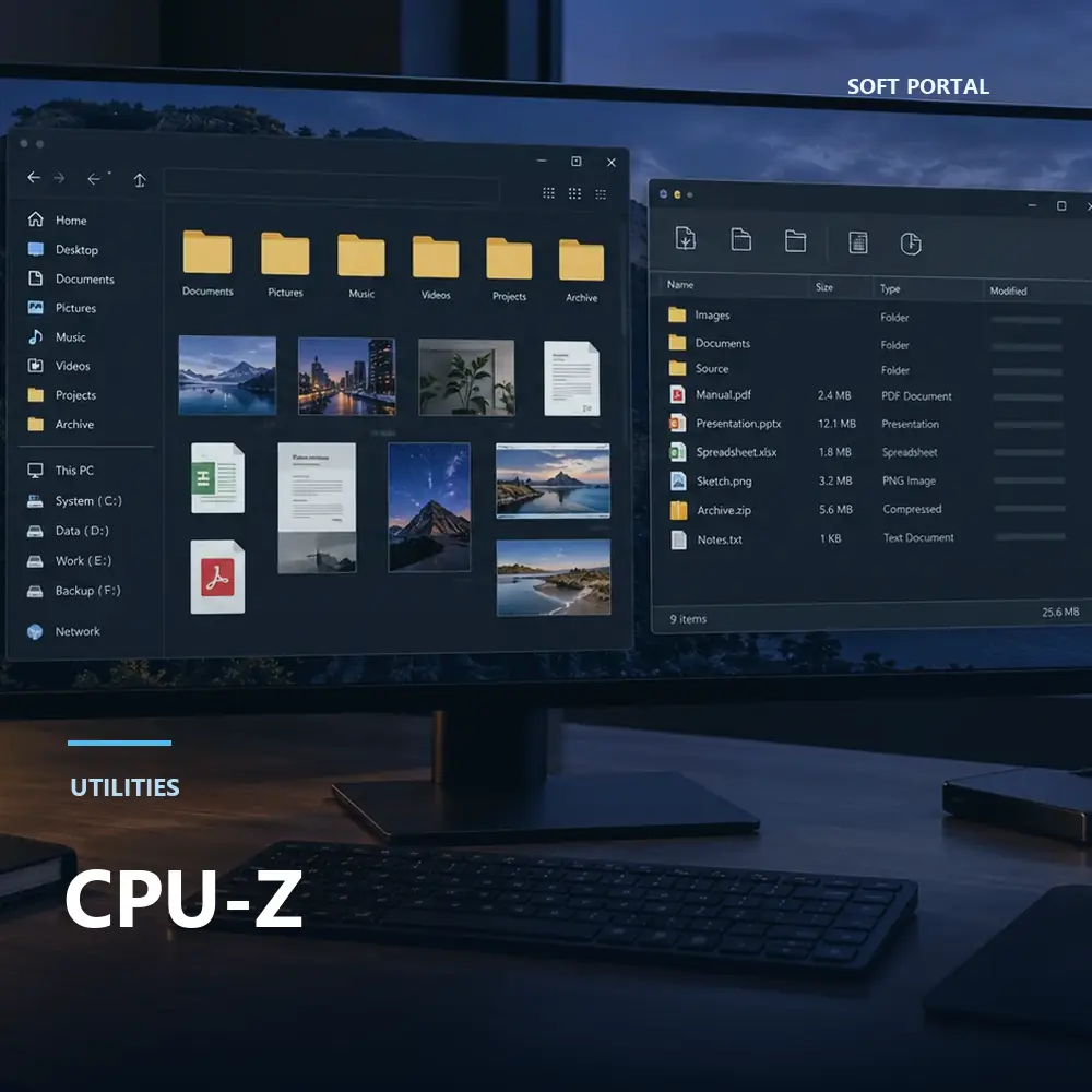 Editorial artwork for CPU-Z in a Windows workspace