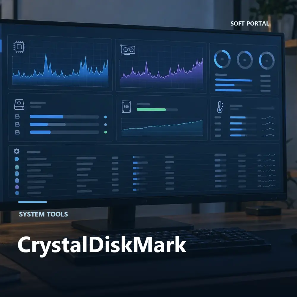 Editorial artwork for CrystalDiskMark in a Windows workspace