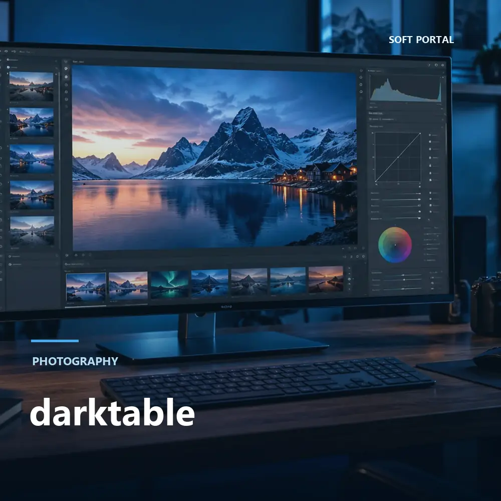 Editorial artwork for darktable in a Windows workspace