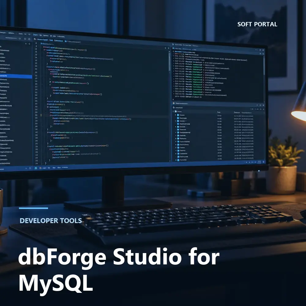 Editorial artwork for dbForge Studio for MySQL in a Windows workspace