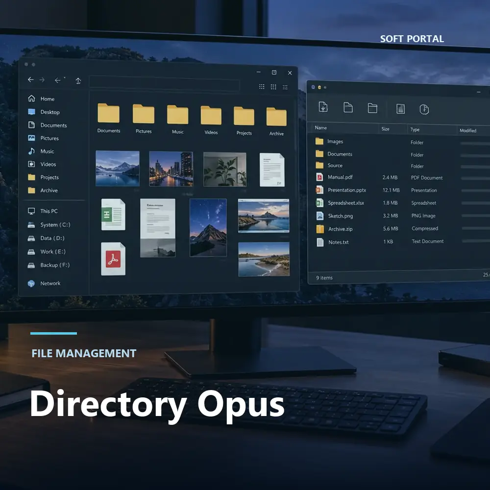 Editorial artwork for Directory Opus in a Windows workspace
