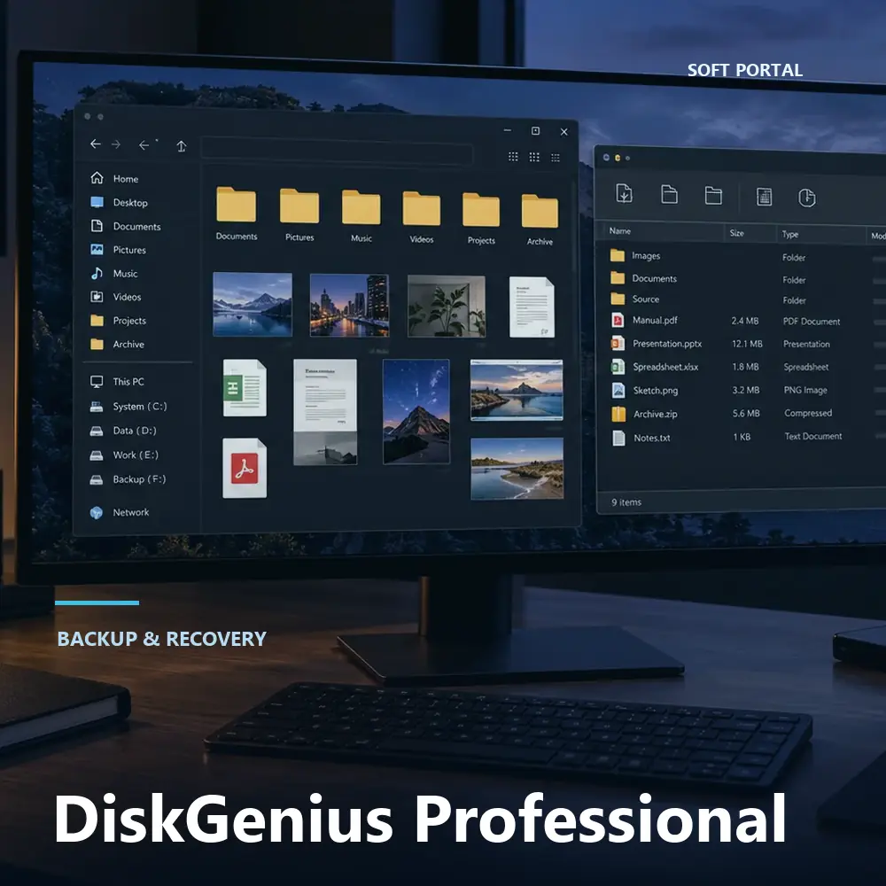 Editorial artwork for DiskGenius Professional in a Windows workspace