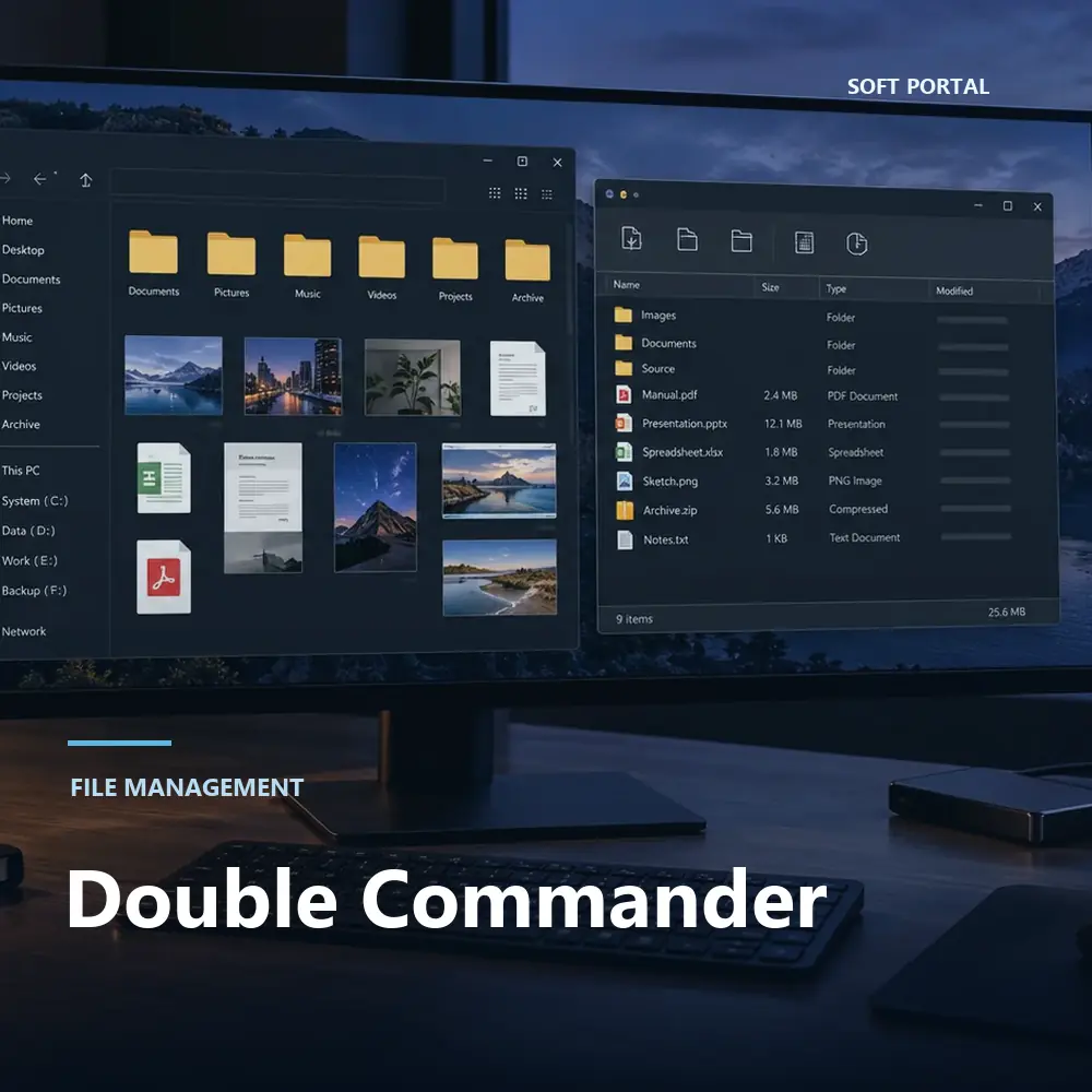 Editorial artwork for Double Commander in a Windows workspace