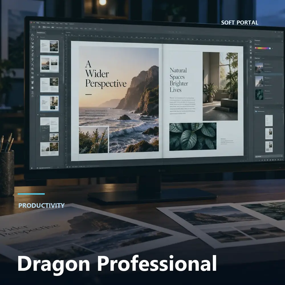 Editorial artwork for Dragon Professional in a Windows workspace