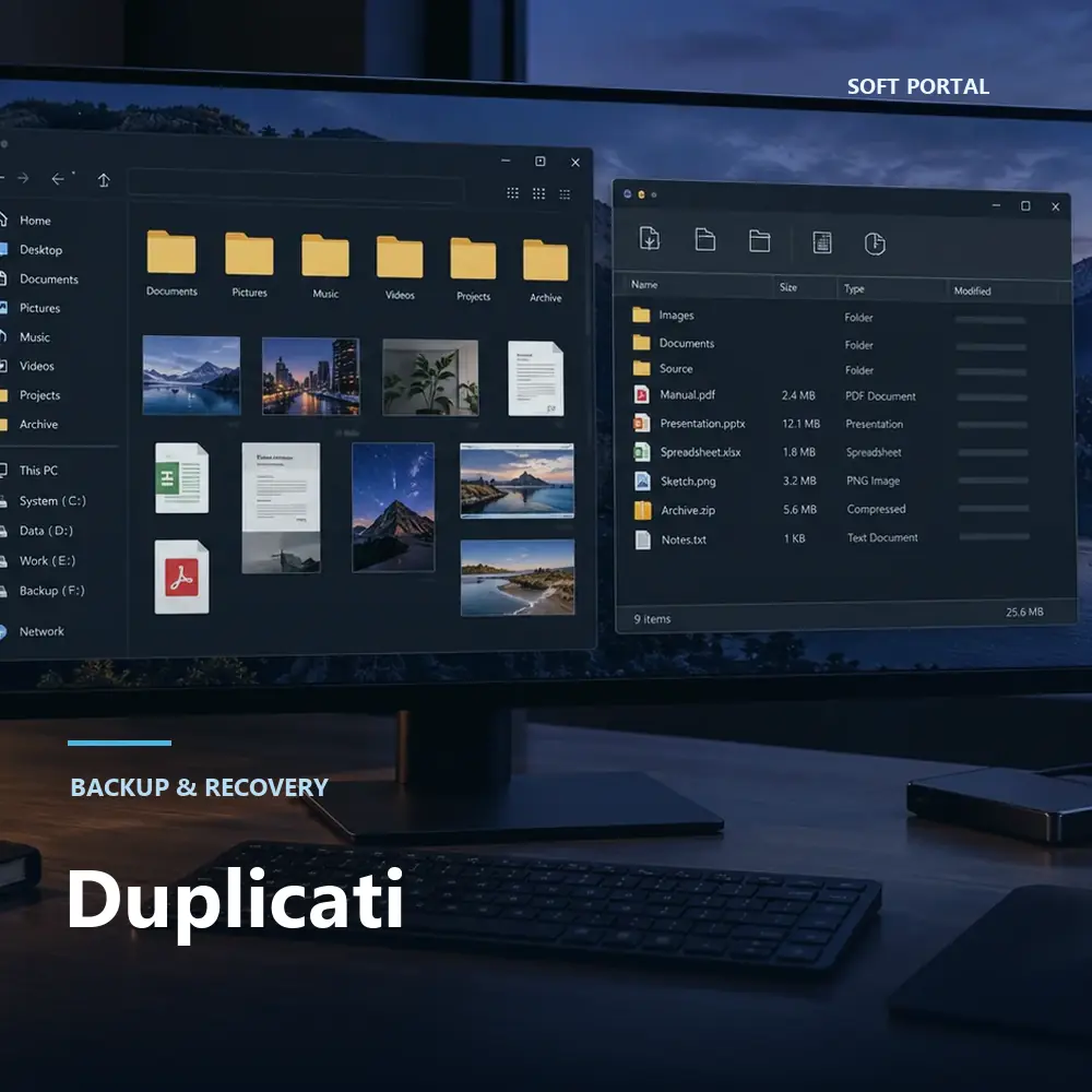 Editorial artwork for Duplicati in a Windows workspace