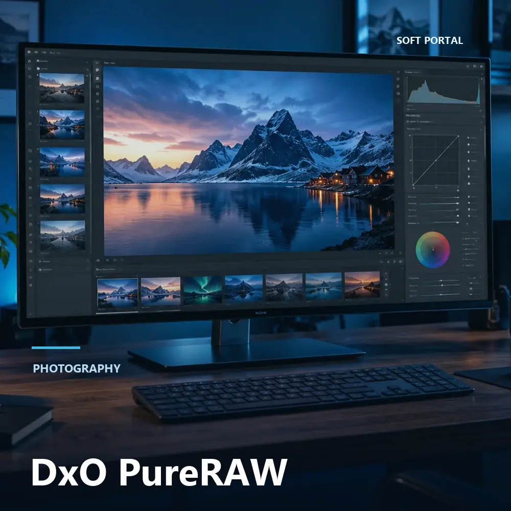 Editorial artwork for DxO PureRAW in a Windows workspace
