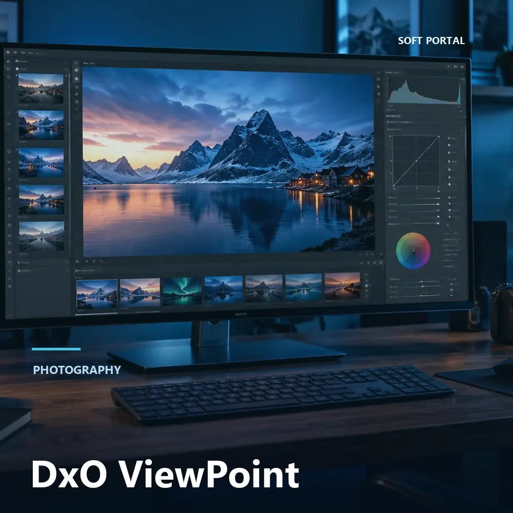 Editorial artwork for DxO ViewPoint in a Windows workspace