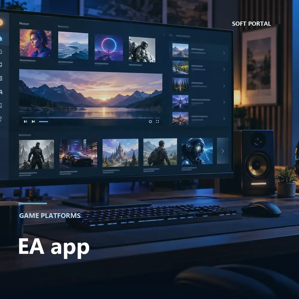 Editorial artwork for EA app in a Windows workspace
